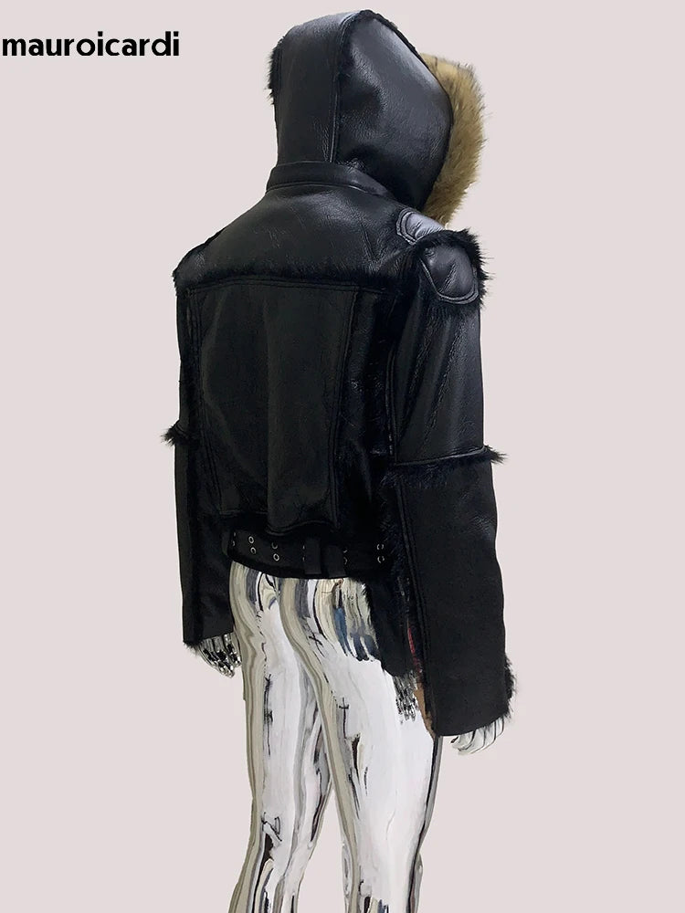 Mauroicardi Winter Cool Short Black Thickened Warm Hairy Soft Faux Sheepskin Coat with Hood Zipper Long Sleeve Fluffy Jacket