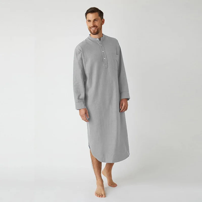 Blue Color Long Sleeved Muslim Long Shirt for Men Solid Cotton Linen Robes Muslim Fashion Arabia Man abaya