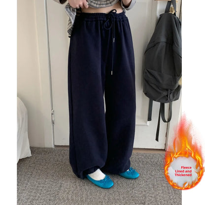 Fleece Lined Wide Leg Pants Korean Style Casual Heart Pocket Sweatpants Loose Thickened Casual Pants for plus Size Women
