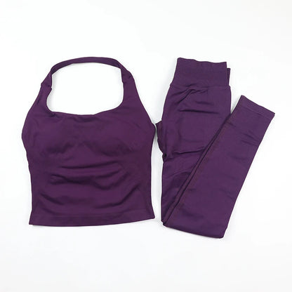 Women's Halter Neck Backless Yoga Set Seamless 2-Piece Outfit Ribbed High-Waist Scrunch Shorts Butt Lifting Gym Pilates Fitness