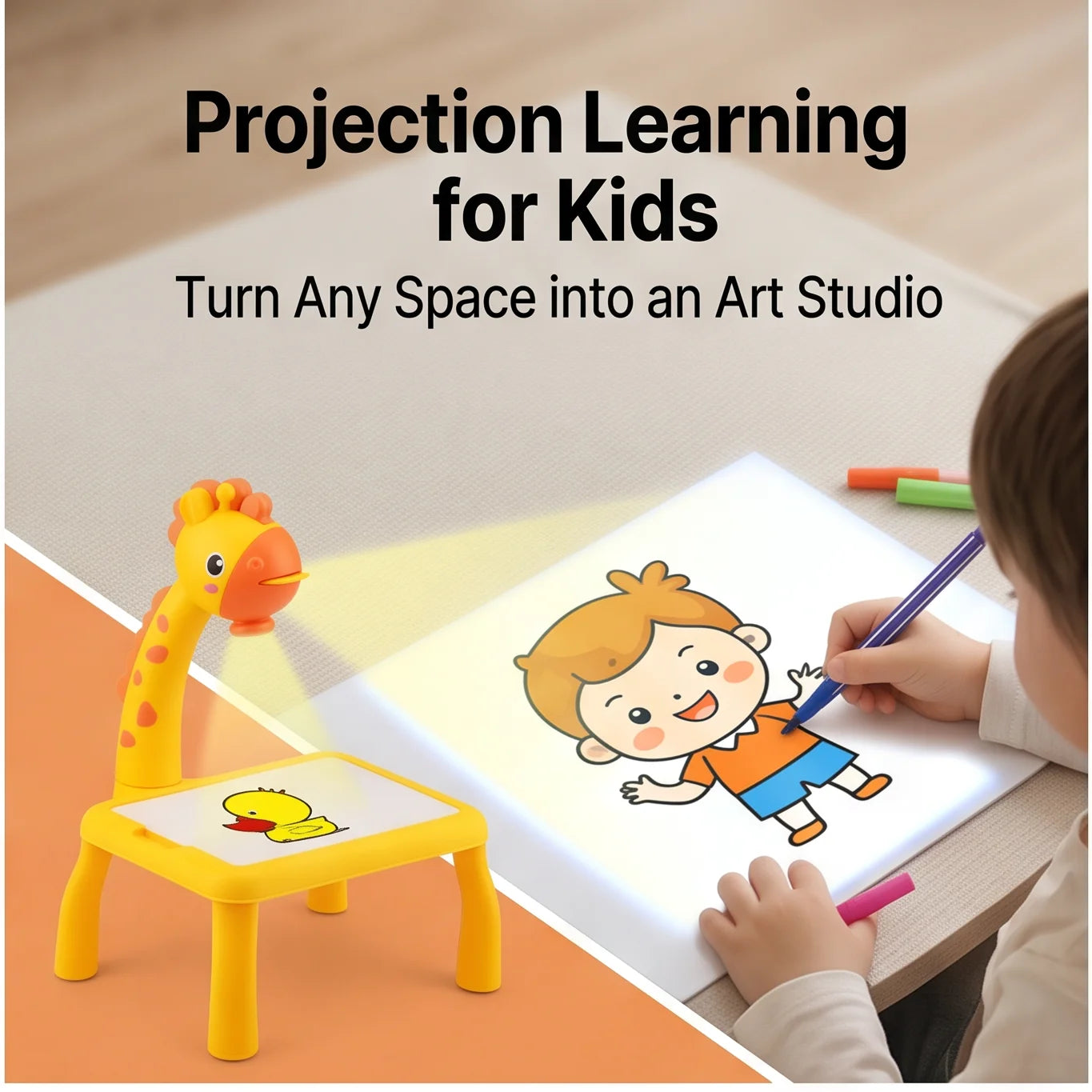 Drawing Projector for Kids, Little Deer Educational Toy, Battery Powered Table with Music, Creative Art Learning Gift For Kids