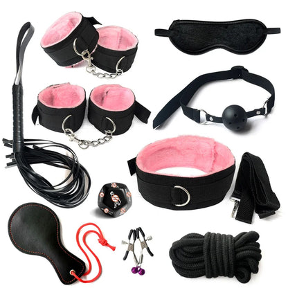 Sex Bondage Set Plush Sex Toy BDSM Kits for Women Couples Adult Games Adjustable Handcuffs Ankle Whip Gag Nipple Clamps Toys