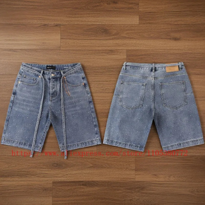 American Fashion Rhinestone-decorated Denim Shorts for Men Y2K Washed Blue Loose Denim Shorts Street Style Summer Casual Shorts