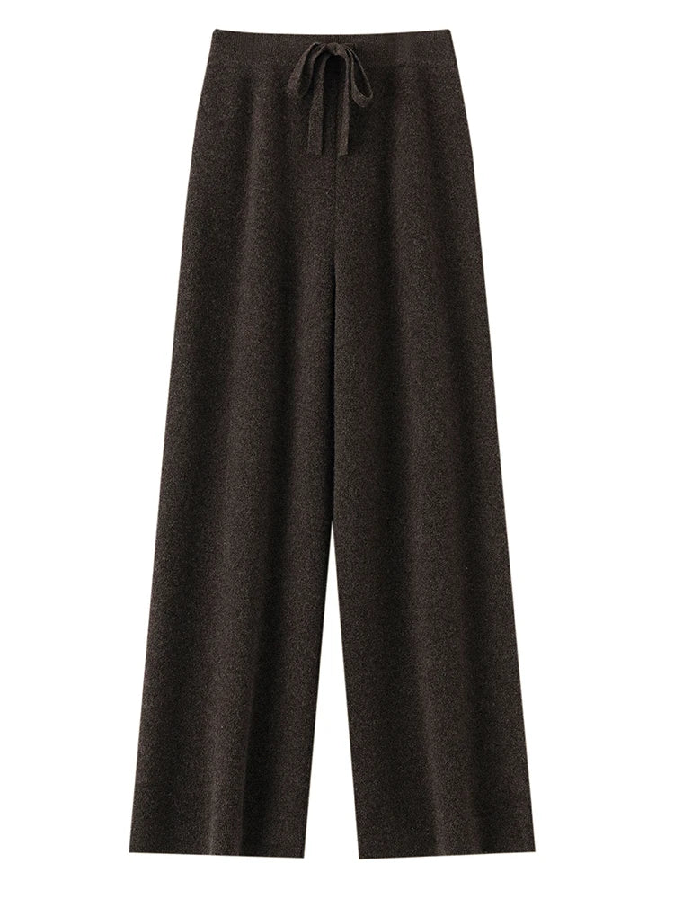 Chic Wide-Leg Pants Women's Autumn Winter Solid Color 100% Merino Wool Knitted Casual Loose Soft Thick Warm Popular Trousers
