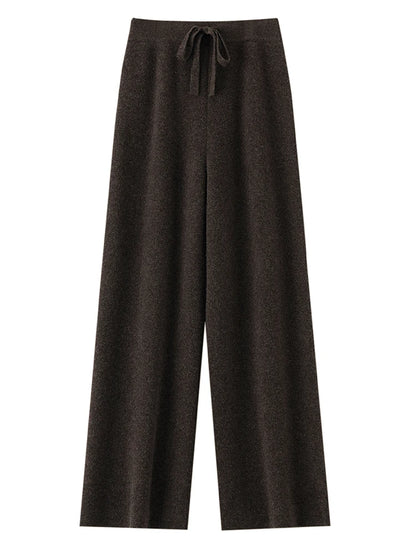 Chic Wide-Leg Pants Women's Autumn Winter Solid Color 100% Merino Wool Knitted Casual Loose Soft Thick Warm Popular Trousers