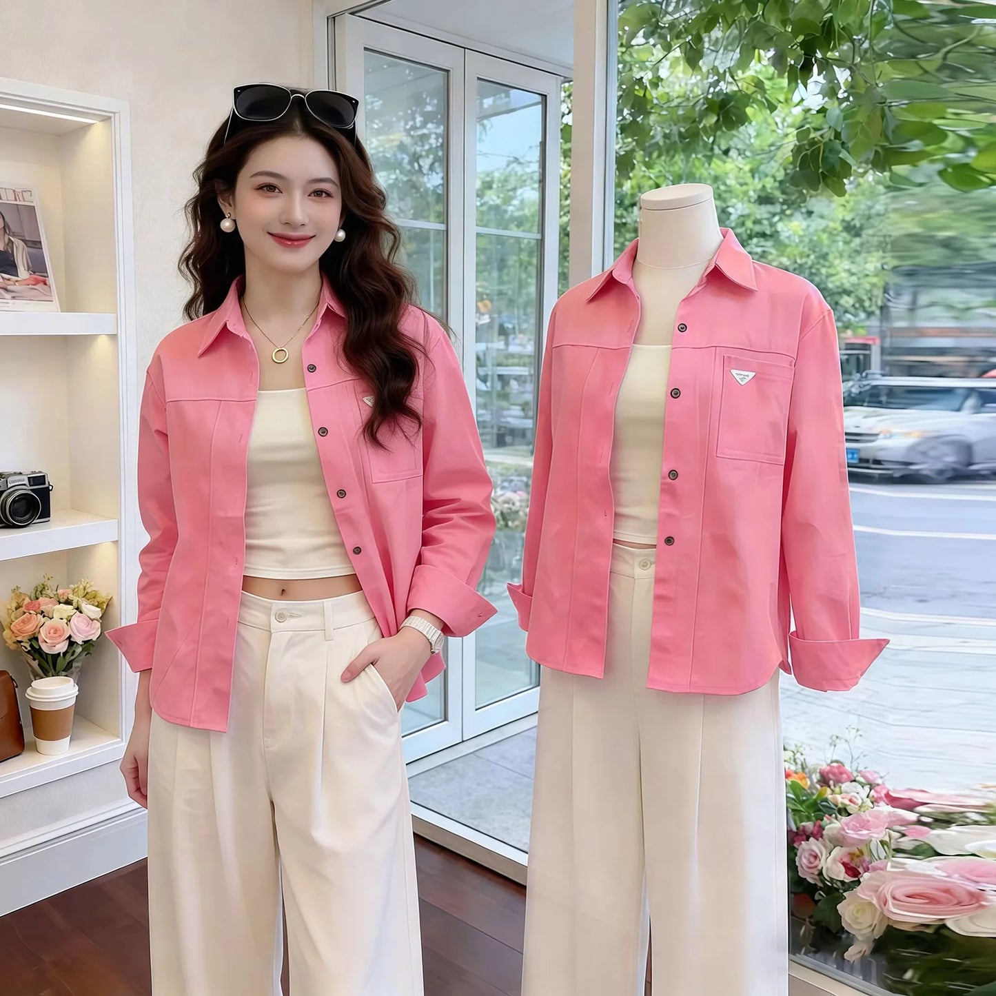 Loose Fit Pure Cotton Long Sleeve  Neck Shirt Women's Casual Style Spring 2026 New Arrival Anti-Wrinkle Age-Defying Top