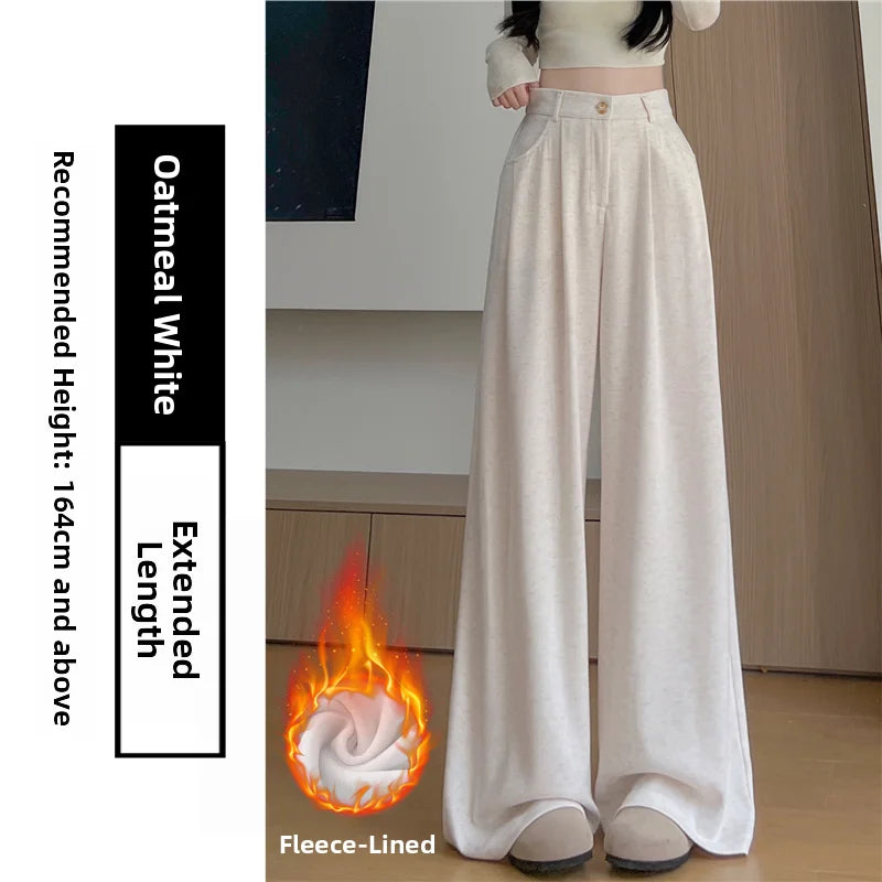 Korean Style High Waist Loose Fit Fleece Lined Wide Leg Pants Women's Autumn Winter New Arrival Straight Cut Trousers