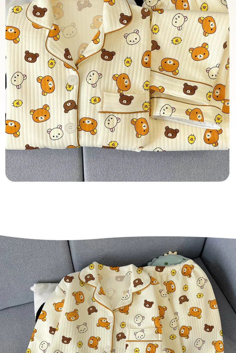 Thickened Air Cotton Sleepwear Set for Women Lazy Bear Cartoon Design Long Sleeve Long Pants Home Clothes Autumn Winter