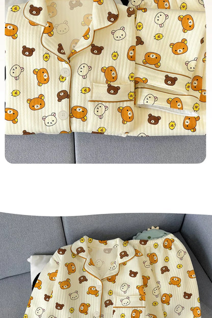 Thickened Air Cotton Sleepwear Set for Women Lazy Bear Cartoon Design Long Sleeve Long Pants Home Clothes Autumn Winter