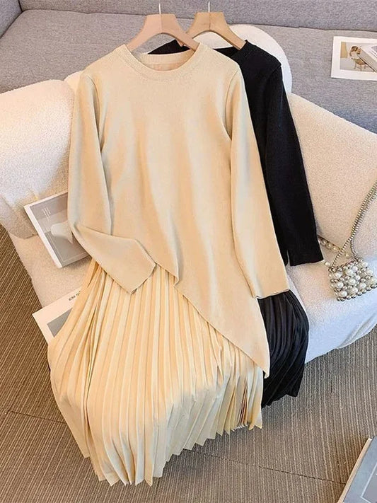 Elegant Long Sleeve Knitted Pleated Dress Autumn New Style plus Size Unique Loose Design Korean Commute Style Women's Dress