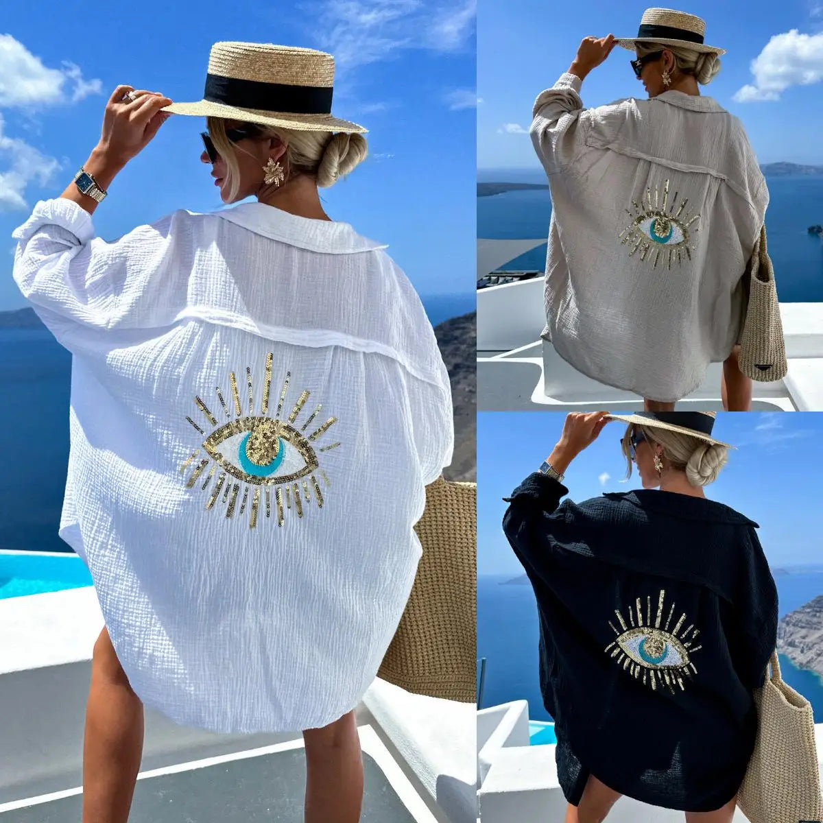 Spring Summer 2024 Women's Casual Evil Eye Shirt Long Sleeve Turn-down Collar Regular Length Other Material 100% Fashion Ladi...