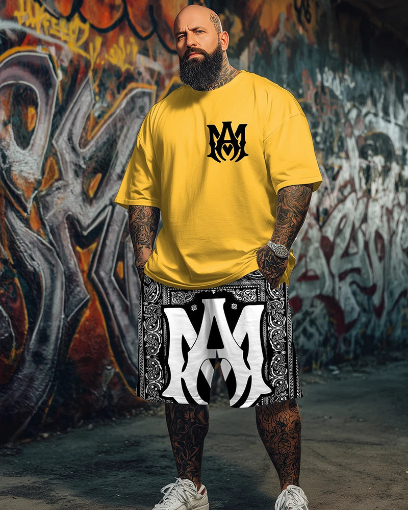 9XL Plus Size Men's AK47 Street Print T-Shirt & Shorts 2-Piece Set Soft Breathable Urban Streetwear Outfit