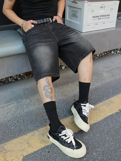 Fashion black non stretch denim jorts men loose fit casual solid color versatile casual style shorts