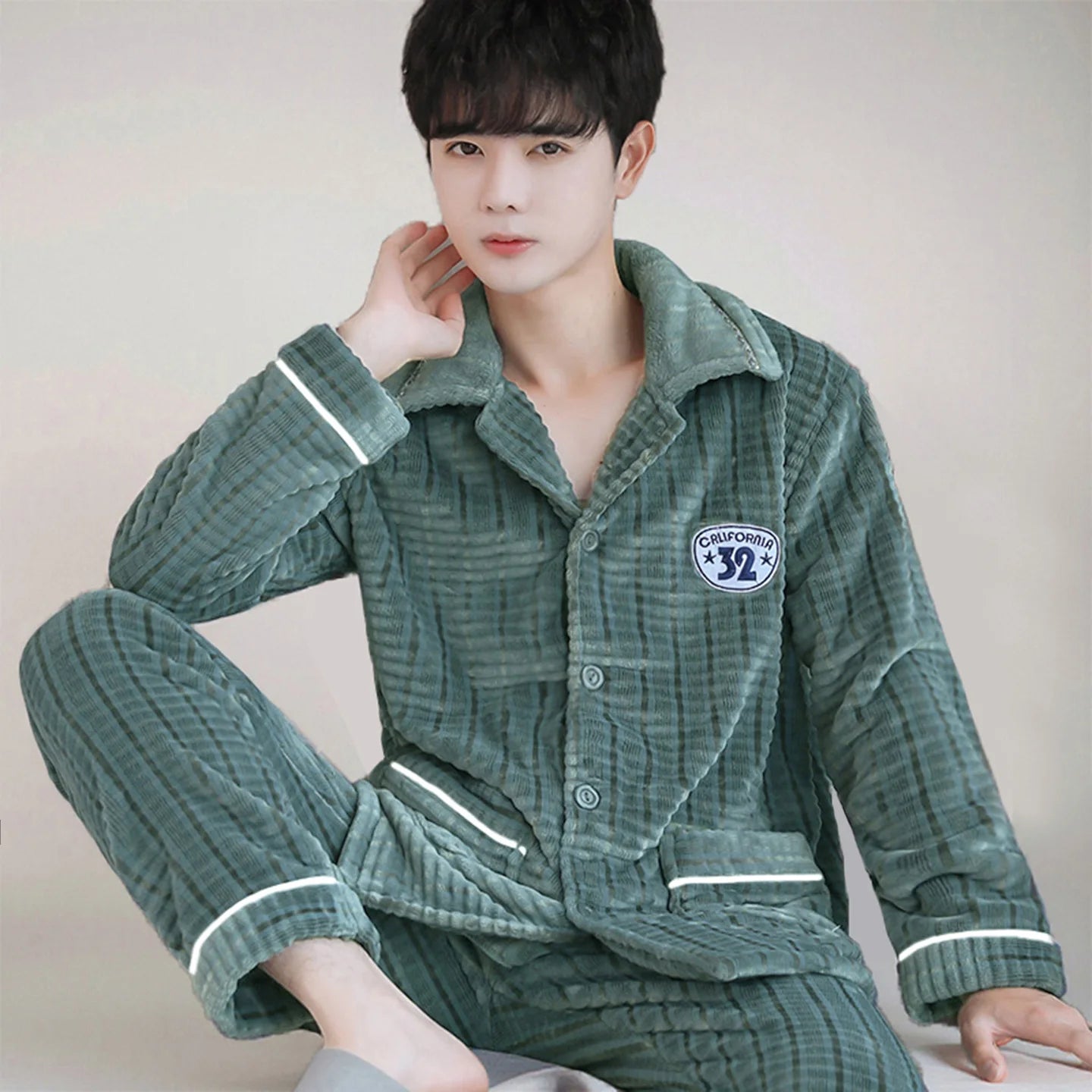 Men's Thickened Flannel Pajamas Coral Fleece Home Clothes Cardigan Set Long Sleeve Long Pants Soft Warm Winter Autumn Sleepwear
