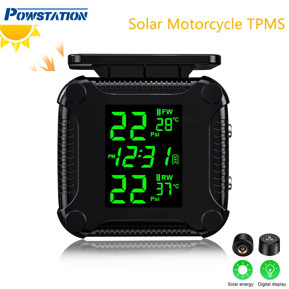 Powstation TPMS Wireless Motorcycle Tire Pressure Monitoring System Solar Charge Tyre Temperature Alarm System Colorful Display