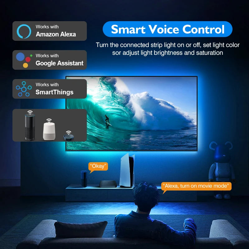 LED Smart Ambient TV Backlight Wifi Alexa Google Assistant Control 4K HDMI-Compatible 2.0 Device Screen Color SyncStrip Lights