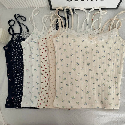 Bow Floral Eyelet Lace Trim Tank Tops Women Summer Cotton Sleeveless Slim Camisole Girls Sweet Cute Preppy Style Crop Top Y2K