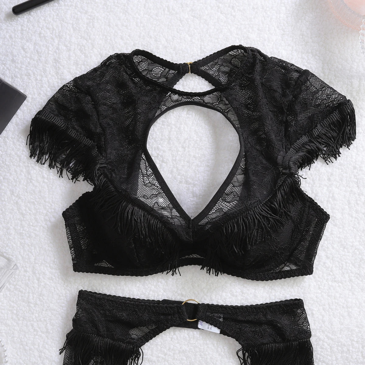 Light Chinese style tassel decoration, perspective splicing, lace shaping, backless, and airy sexy lingerie three piece set
