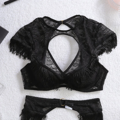 Light Chinese style tassel decoration, perspective splicing, lace shaping, backless, and airy sexy lingerie three piece set