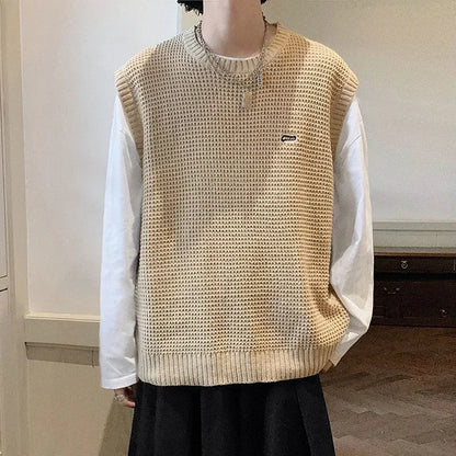 Knitted Sweaters for Men Hippie Black Vest Crewneck Man Clothes Waistcoat Round Collar Sleeveless Warm New in S Over Fit Knit X