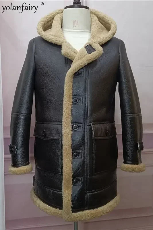 YOLANFAIRY Original Natural Leather Fur Coat Men Long Hooded Sheepskin Real Fur Coat Genuine Leather Jacket Men's Winter Jacket