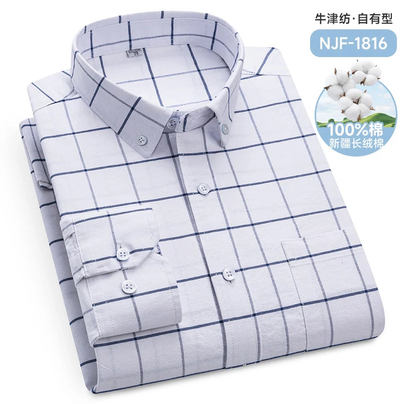 Classic Men's Long Sleeved Check Shirts 100% Oxford Cotton Casual Fashion Soft Plaid Stripe Solid Male Business Slim Fit Blouses