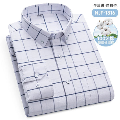 Classic Men's Long Sleeved Check Shirts 100% Oxford Cotton Casual Fashion Soft Plaid Stripe Solid Male Business Slim Fit Blouses