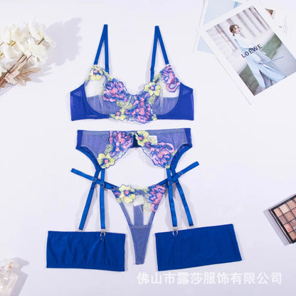 Tornova Sexy Embroidery Lingerie Suit for Women Mesh Patchwork Embroidery Women's Underwear Suit Sexy Garters Mesh Underwear Set