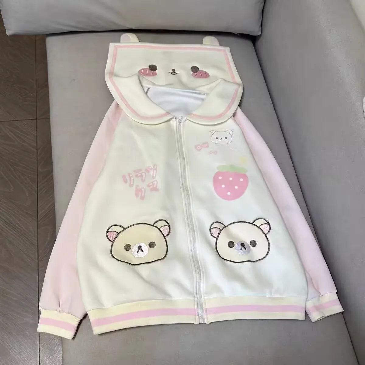 Cute Bear Hooded Zipper Jacket Sweatshirt Set Long Sleeve Autumn Winter Outfit Straight Leg Pants Medium Length Skirt