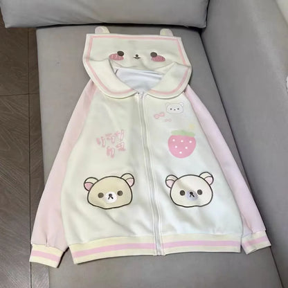 Cute Bear Hooded Zipper Jacket Sweatshirt Set Long Sleeve Autumn Winter Outfit Straight Leg Pants Medium Length Skirt