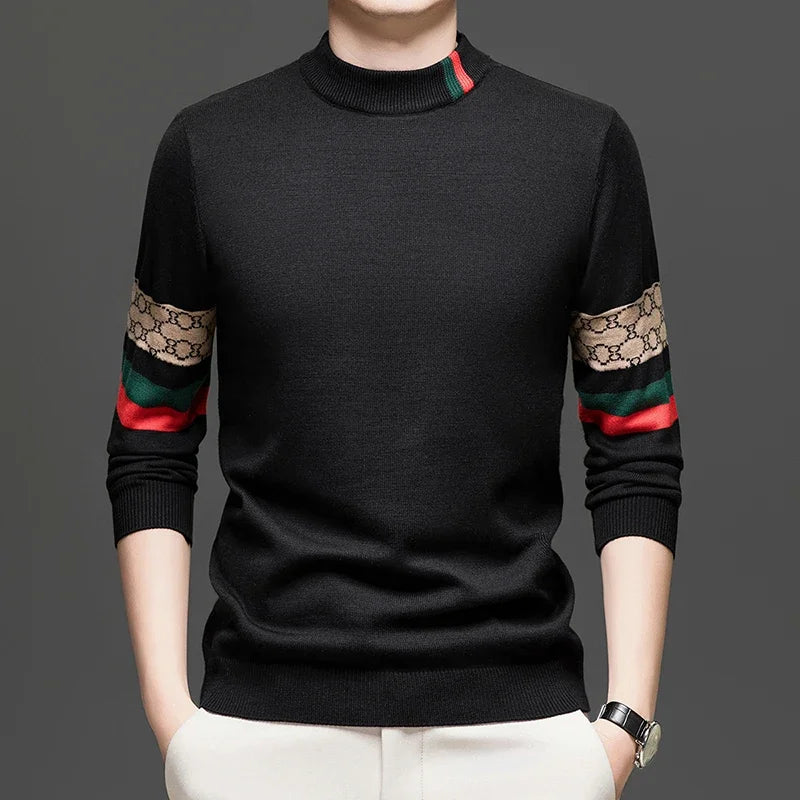 High End Big Brand Semi High Neck Sweater for Men with Thick Velvet and Autumn/winter Fashionable Warm Base Shirt for Men