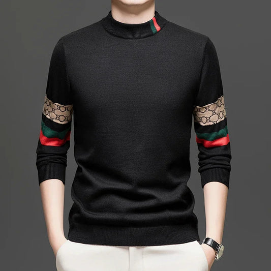 High End Big Brand Semi High Neck Sweater for Men with Thick Velvet and Autumn/winter Fashionable Warm Base Shirt for Men