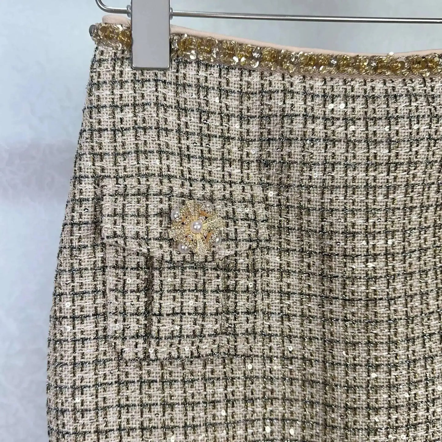 Autumn Winter Small Fragrant Style Gold Plaid Coarse Knitted Two Piece Set Women Suit Coat Tweed Jackets Midi Long Skirts Sets