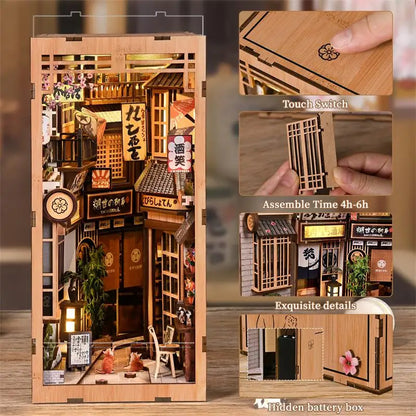 Zuuton DIY Wooden Book Nook Shelf Insert Kit Japanese Alley Miniature Model with LED Light 3D Puzzle Bookend Creative Gift Home