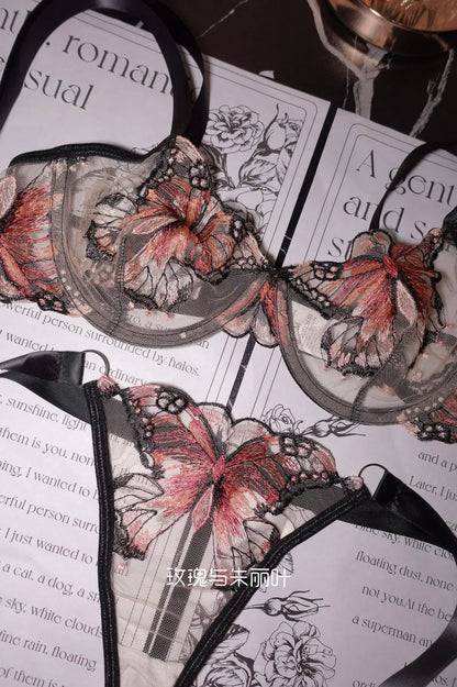 Ultra-Thin Sexy Lace Sheer Lingerie Set For Women French Butterfly Embroidery Push Up Bra Soft Underwire Support Date Night Wear