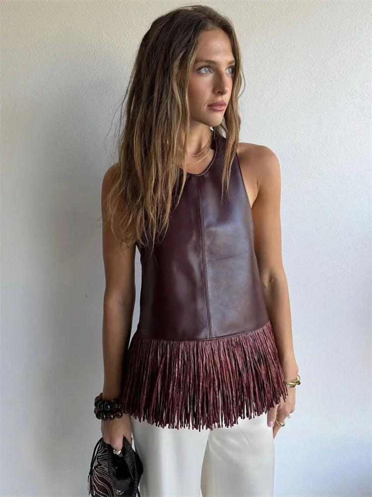 Tossy Female Tassel Backless PU Tank Top Sexy Patchwork Slim Summer 2026 New High Waist Commute Top Women's PU Leather Top Vest