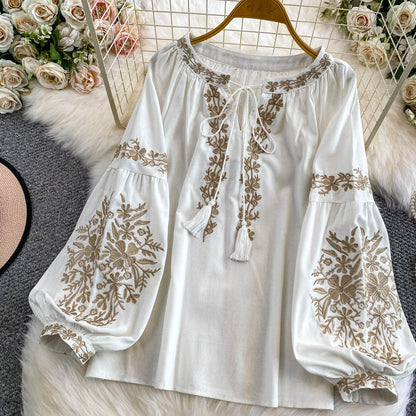 Bohemian Vacation Style Women's Shirt round Neck Lantern Sleeve Embroidery Heavy Work Autumn Design Sense Knot Design Top