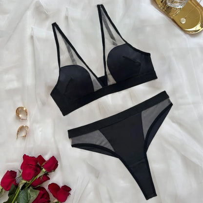 2 Pieces Sexy Lace Underwear Set for Women Mesh Splice Bra Set French Ultrathin Lingerie Deep V Temptation Breathable and Thongs