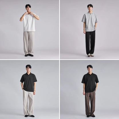 Fashion Men Solid V Neck Polo Shirts 2026 Summer Air Cotton Luxury Old Money Style Short Sleeve Tops Casual Versatile Tees