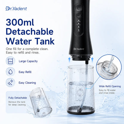 Dr.Yadent YD06 Cordless Oral Irrigator WaterFlosser 300ML Portable Water Jet USB-C Fast Charge 7 Nozzles 4 Modes IPX7 Waterproof