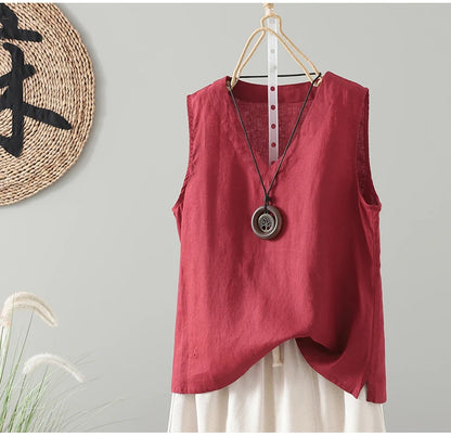 Slimming Pure Color Cotton Linen Lightweight Sleeveless round Neck Inner Wear Large Size Women's Fashionable Versatile Top