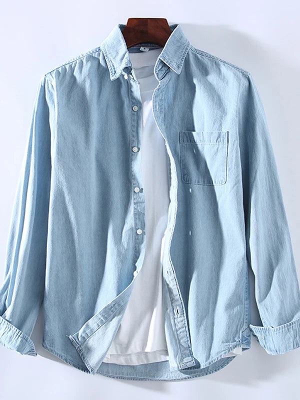 Loose Fit Pure Cotton Long Sleeve Men's Denim Shirt Spring Autumn Casual Style Vintage Trendy Top Outerwear Jacket