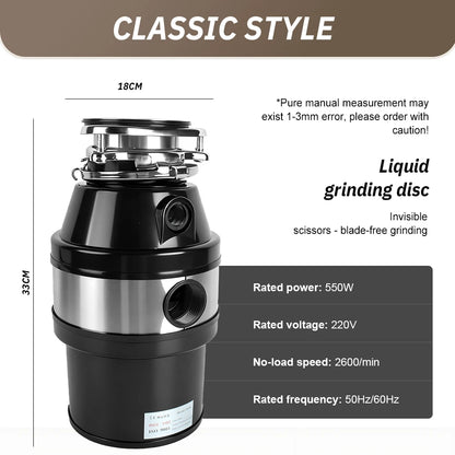 Electric Kitchen Food Waste Disposer Heavy-duty Under Sink Grind Garbage Disposal Unit Food Waste Grinder Machine 220V 550W