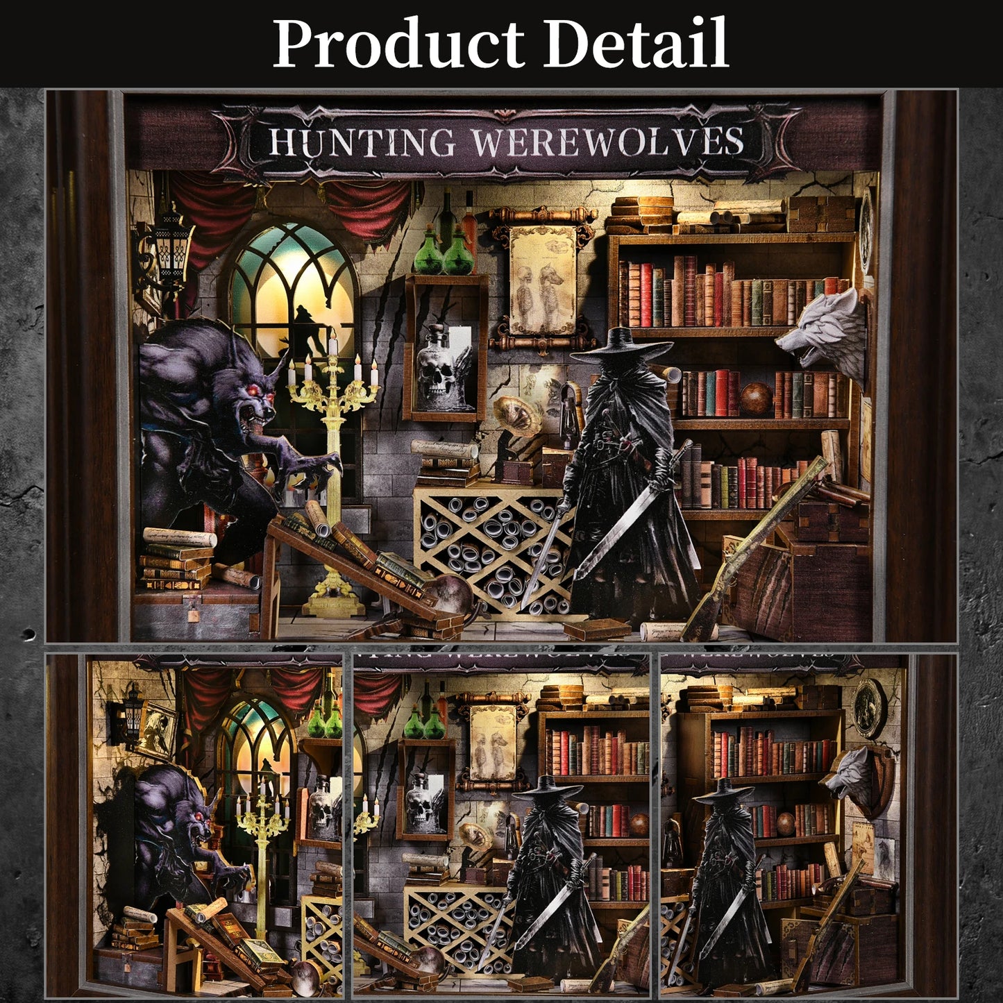 Book Nook Kit Werewolf Hunter DIY 3D Wooden Puzzle Dollhouse Photo Frame Ornament Model Bookend Building Home Decoration