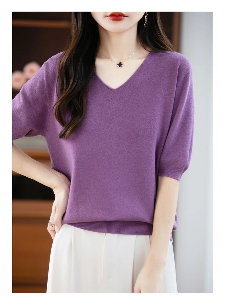 Thin Worsted Wool Short-Sleeved Women's Loose Round Neck T-shirt Printed Summer Fashion Knitted Bottoming Shirt Half-Sleeved