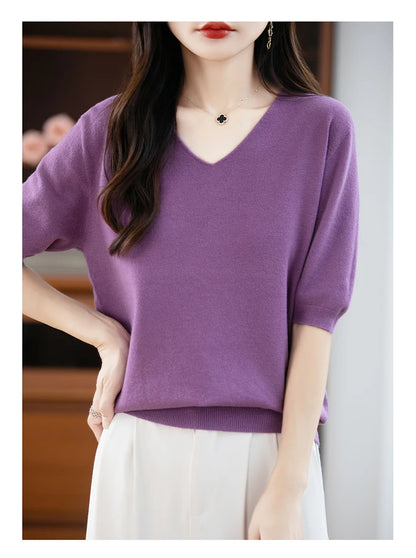 Thin Worsted Wool Short-Sleeved Women's Loose Round Neck T-shirt Printed Summer Fashion Knitted Bottoming Shirt Half-Sleeved