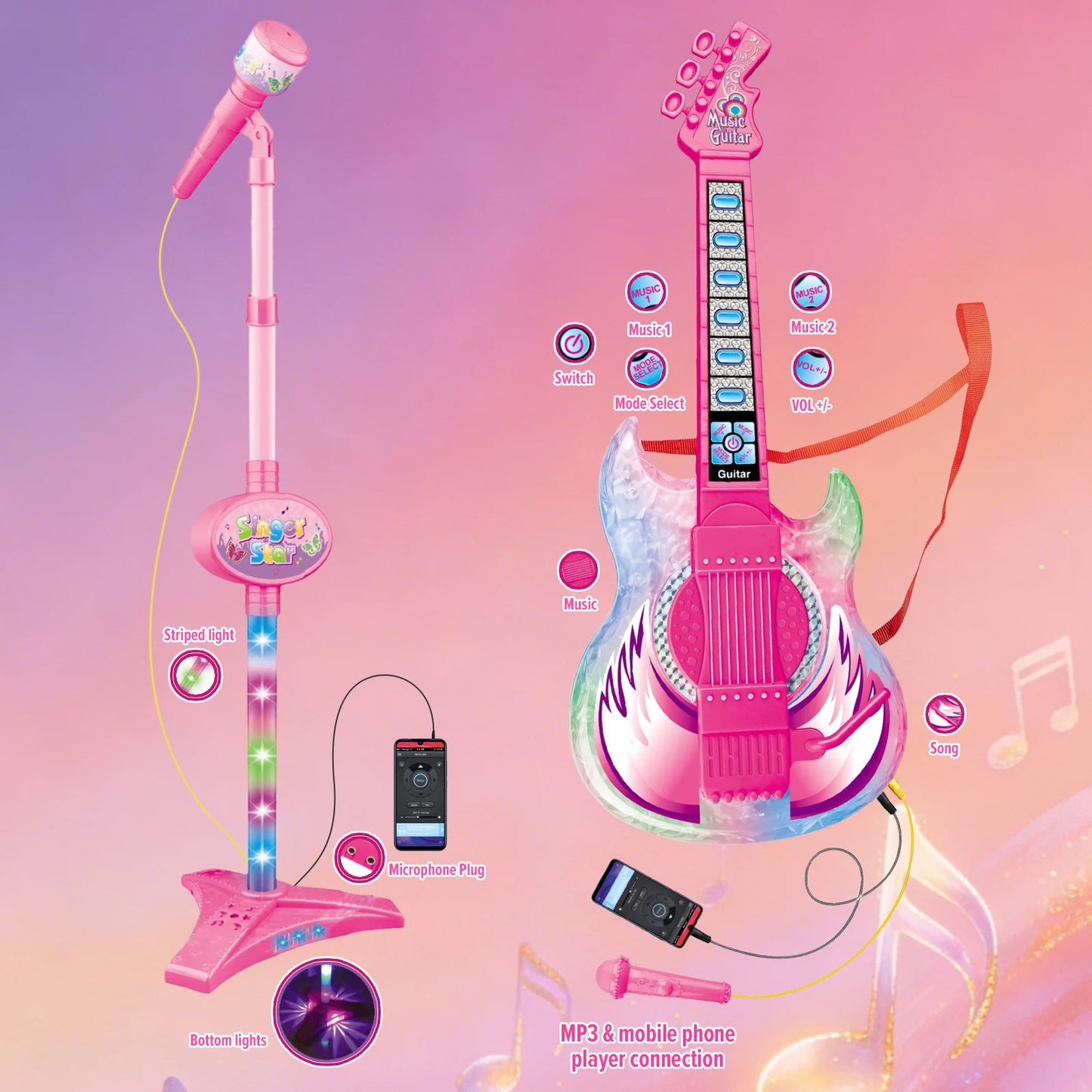 Children's Electric Multifunctional Guitar Instrument Set with Microphone and Light Music Toy - Birthday and Holiday Gifts