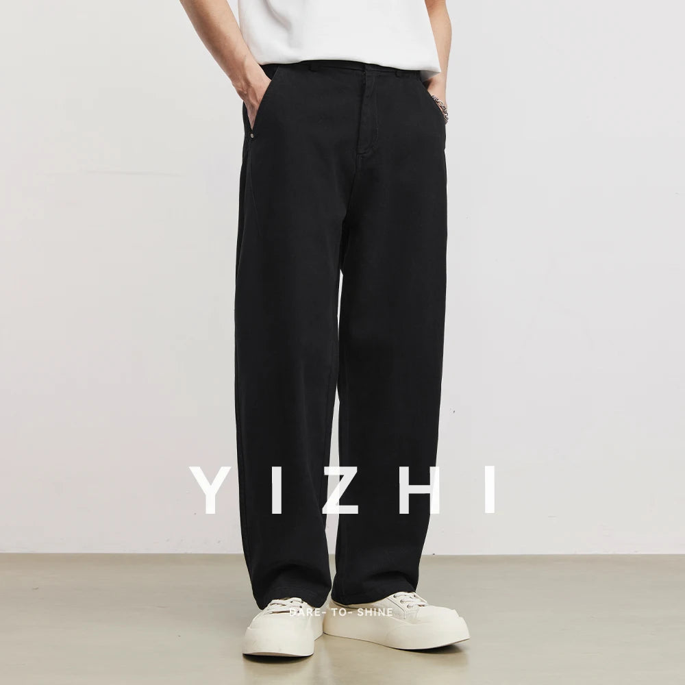 Men's Heavyweight 290g Minimalist Draping Wide Leg Pants Summer 100% Cotton Loose Commute Straight Casual Denim Long Pants
