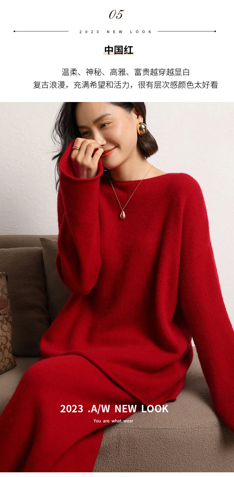 Women's 100% Cashmere Wide Leg Pants Knitted Thick Autumn/Winter Casual Solid Color Elastic Waistband Pockets