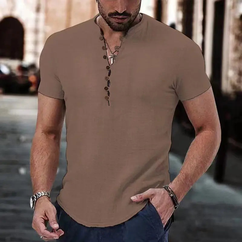 Men's Short Sleeve Linen Shirt Summer Lightweight Casual V-Neck T-Shirt Men Basic Solid Color Loose Fit Top